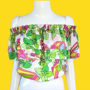 Trina Turk Green and Pink Ruffled Crop Blouse